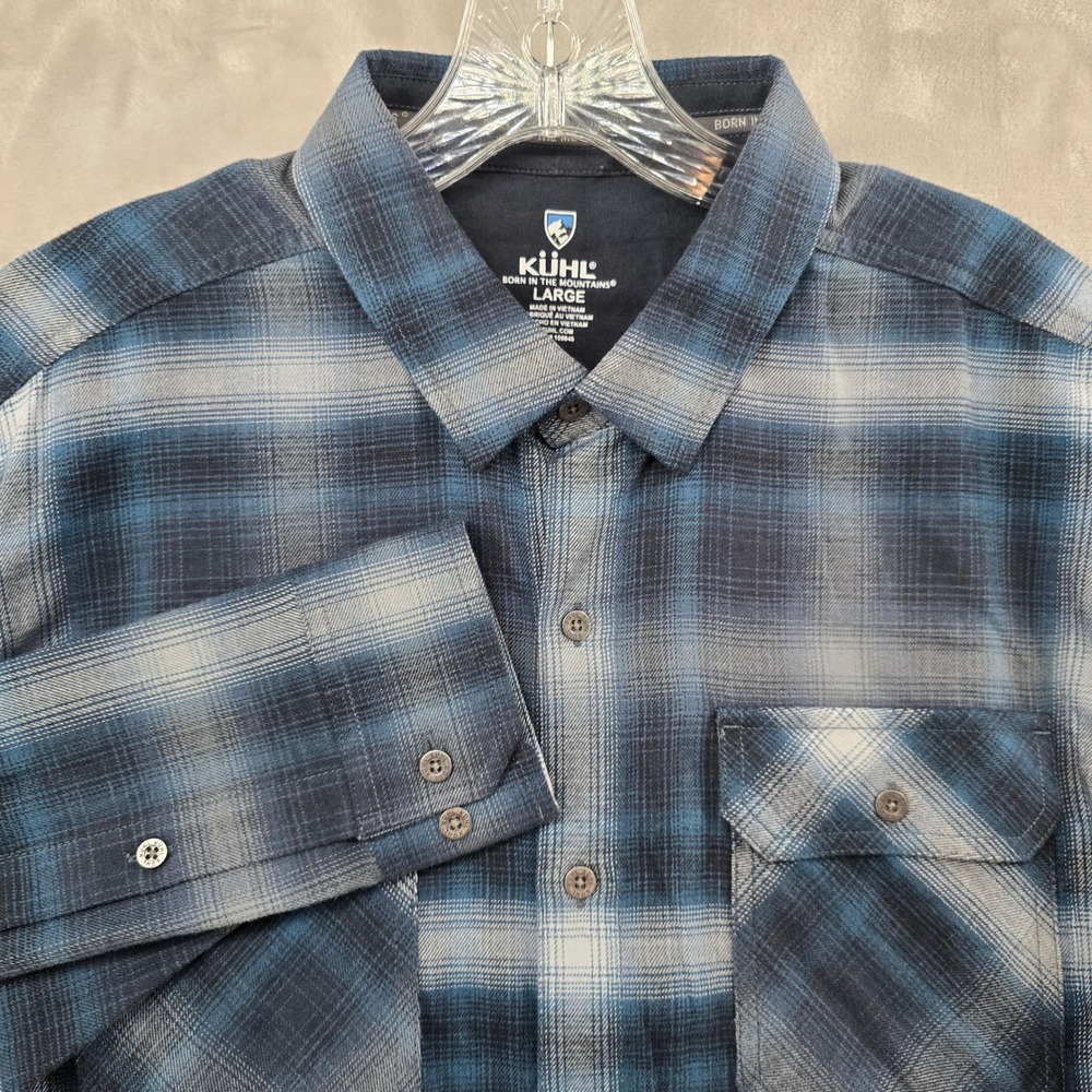 Kuhl Flannel Shirt Mens Large Blue Plaid Long Sleeve Tencel‎ Cotton Blend